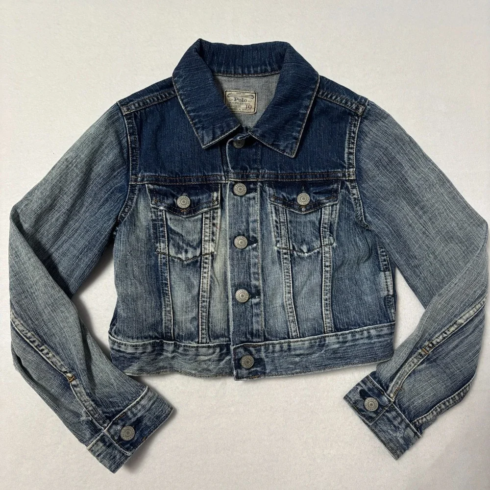 Polo Ralph Lauren Kids Sz 10 Denim‎ Jacket Blue Distressed Trucker Style